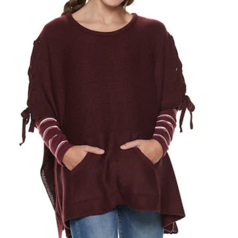 Madden NYC Burgundy Ponho Womens Sweater OS Boho Preppy Lagen Lace Up Kangaroo